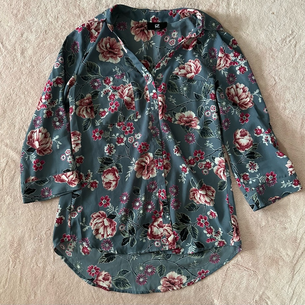 IZ Byer Blue Floral Button Up Blouse